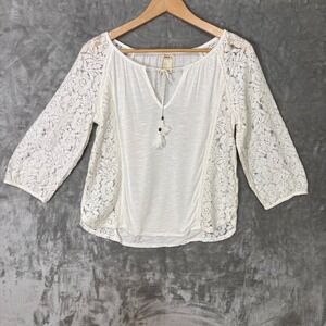 Forever 21 Womens 3/4 Sleeve Lace Top Size Small Ivory V-Neck Tassel Boho Casual